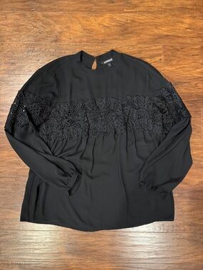 Express Black Floral Lace Yoke Long Sleeve Blouse